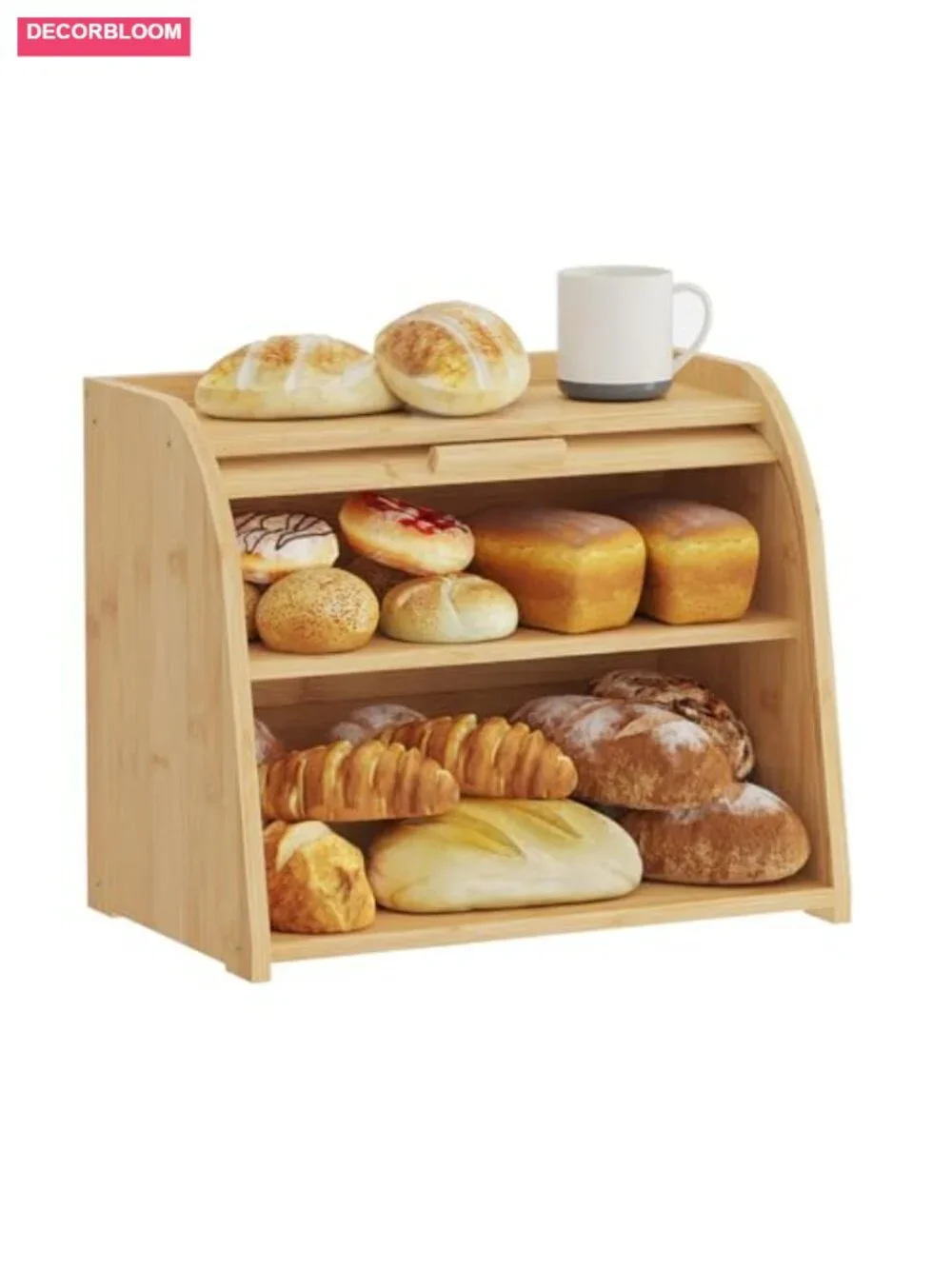 2-Tier Bamboo Roll Top Bread Box Kitchen Countertop Storage